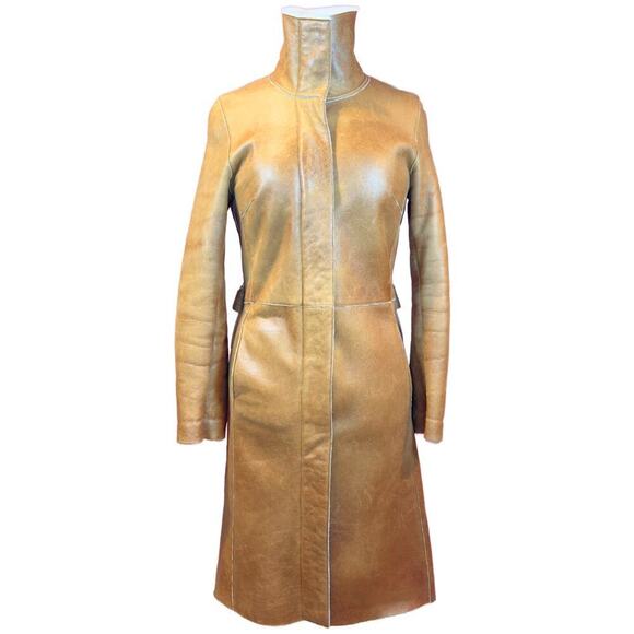 Burberry Trench Coat Long Winter Brown Leather White Shearling Jacket Womens US4 - Picture 8 of 12